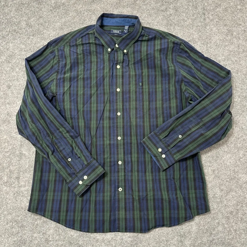 IZOD Button Down Shirt Mens XXL Blue Green Striped Slim Fit Long Sleeve Cotton
